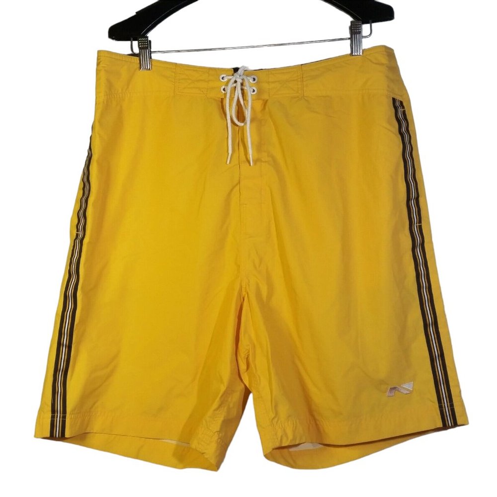 VTG Nautica Sport Tech NST Swim Trunks Board Shorts Mens L Yellow Navy Stripes
